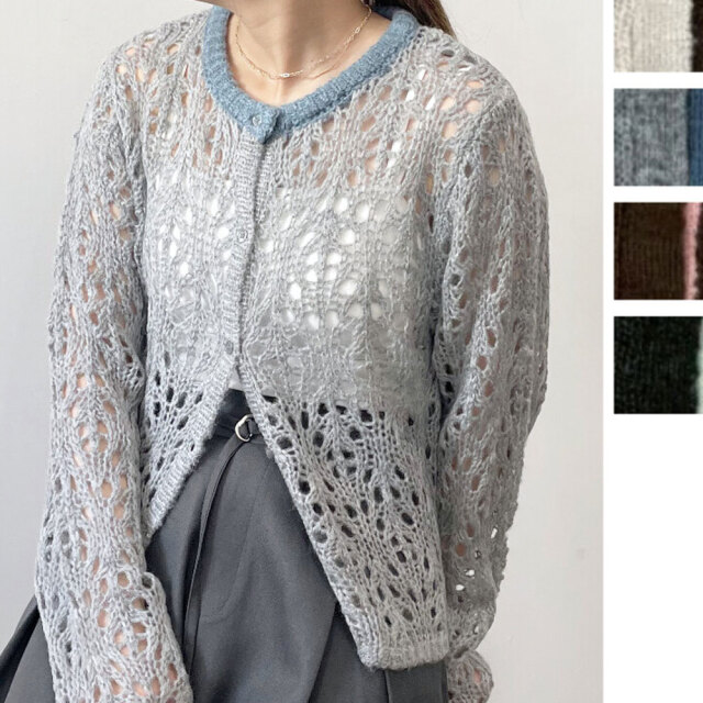 4018☆ IMPRESSION☆異素材切り替え☆グレーカーディガン☆ブルー花柄 4018☆ IMPRESSION☆異素材切り替え☆グレーカーディガン