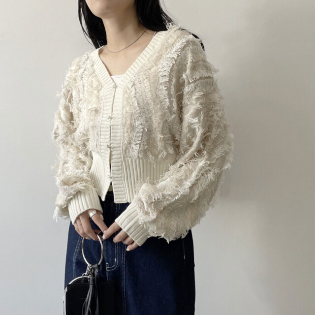 MIXフリンジニットショートカーディガン