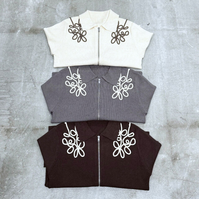 コード刺繍襟付きダブルZIPカーディガン