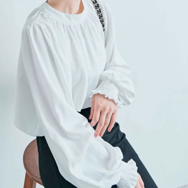 Theory スタンドカラーギャザーブラウス 洗える 水色 2024 M COFREX】 配色 スタンド ギャザーブラウス 五分袖 レディース