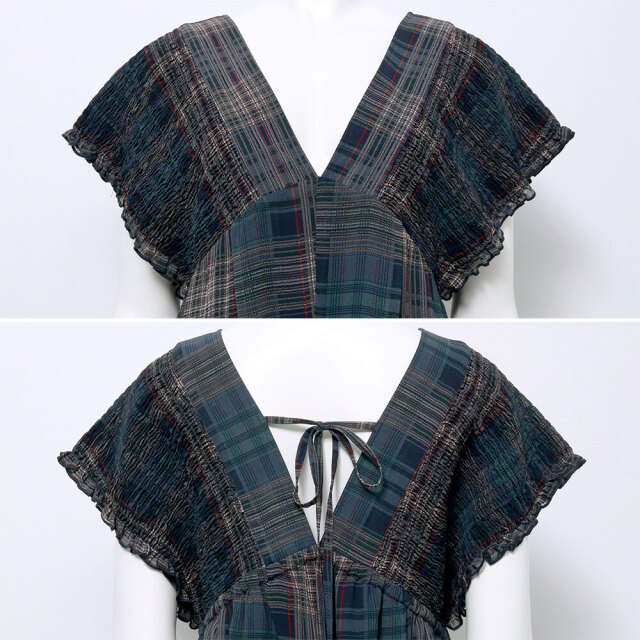 チェック柄シャーリングVネックサロペット