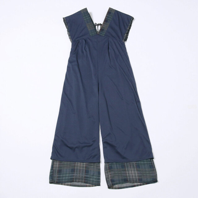 チェック柄シャーリングVネックサロペット