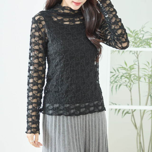 ラスト1着！オータムセール　【メール便対応】　『　インスタで大人気！　』　レースハイネックシアートップス