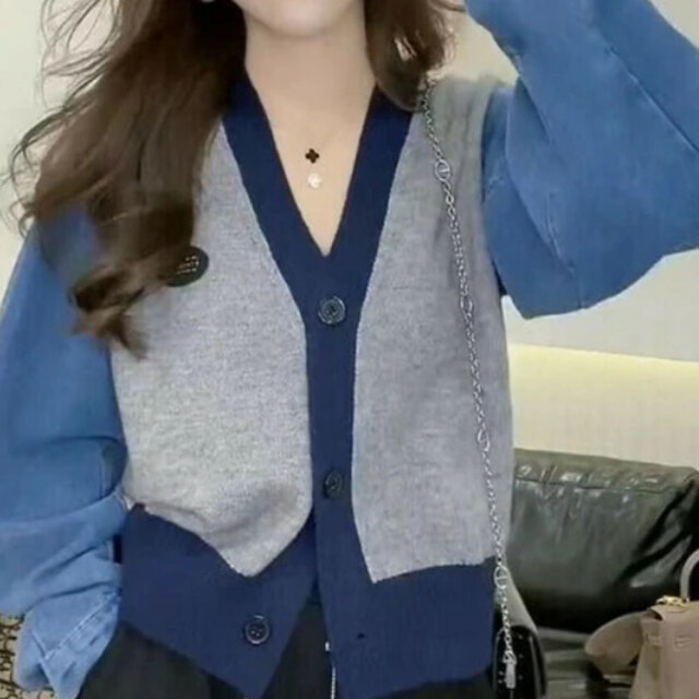 クリスマスセール【12月上旬入荷予定】 　『　インスタで大人気！　』　デニムドッキングニットカーディガン