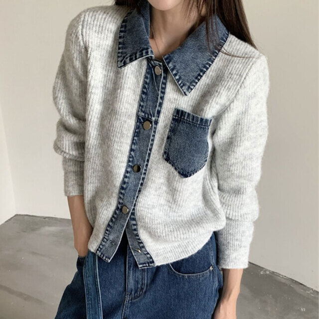 クリスマスセール　【12月上旬入荷予定】 　『　インスタで大人気！　』デニム襟＆ポケット配色ニットカーディー