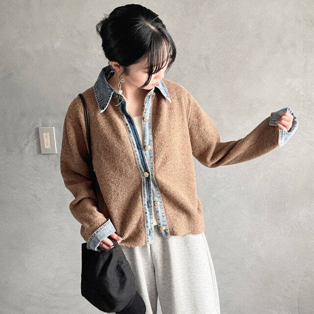 【重要/予約12月中旬入荷予定】 【チャコールグレー12中旬入荷】【キャメル12月中旬】　【オートミール12月中旬】　 【急上昇】　オータムセール 『　インスタで大人気！　』　デニム切替ニットカーディガン　　配達指定不可