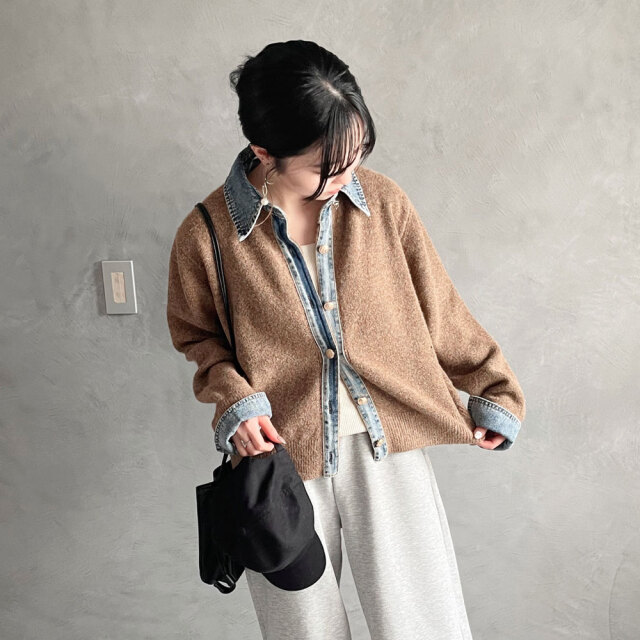 Ruelle デニムセットアップ＋カーディガン セール】 ブランケットステッチニットカーディガン