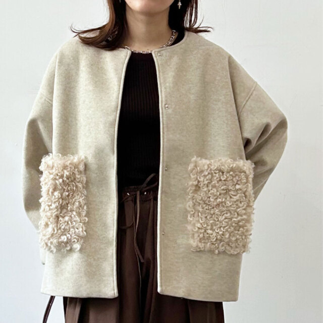 ウィンターセール！【1月上旬入荷予定】 　『　インスタで大人気！　』フェイクウールポケットファーコート