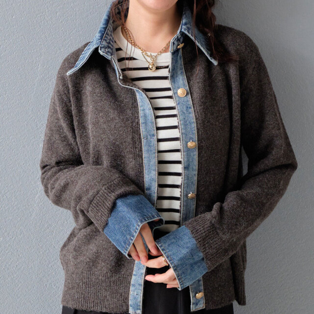 デニム切替ニットカーディガン/デニム切替カーディガン
