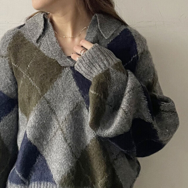 【重要/予約12月下旬入荷予定】オータムセール 『　インスタで大人気！　』アクリルモヘアアーガイルキーネックプルオーバー