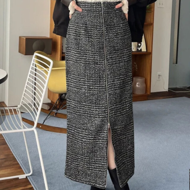 クリスマスセール　【12月上旬入荷予定】　『　インスタで大人気！　』　グレンチェック柄フロントジップタイトスカート