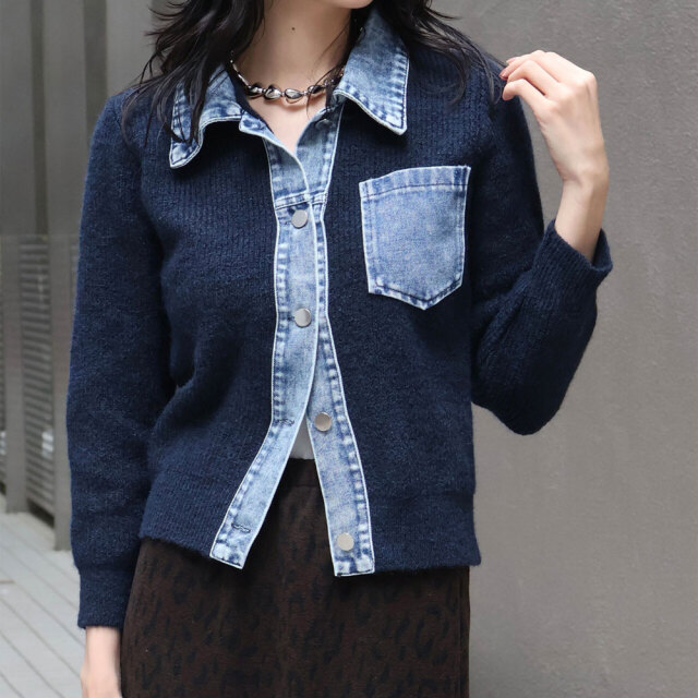デニム切替ニットカーディガン
