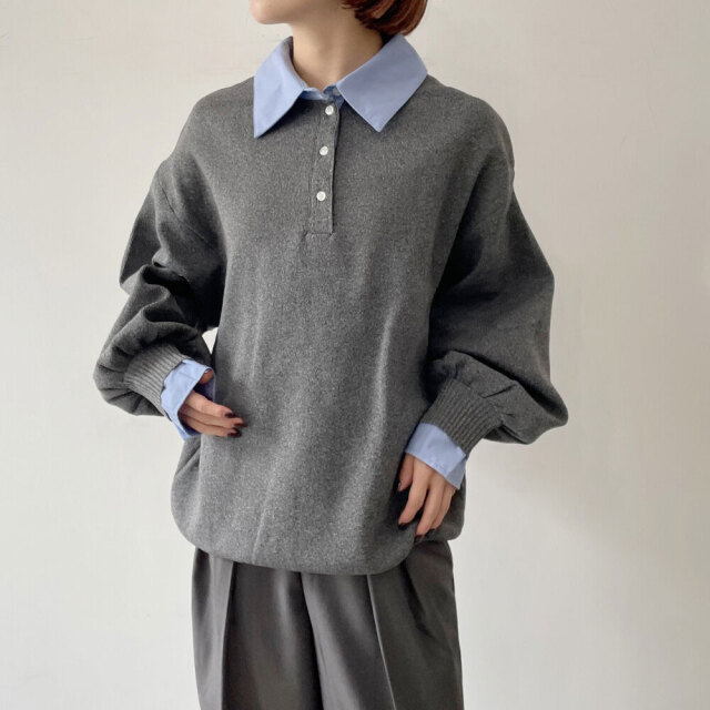 クリスマスセール　【12月中旬入荷予定】　　　『　インスタサブ垢で大人気！　』　　12Gシャツ衿ポロニットプルオーバー