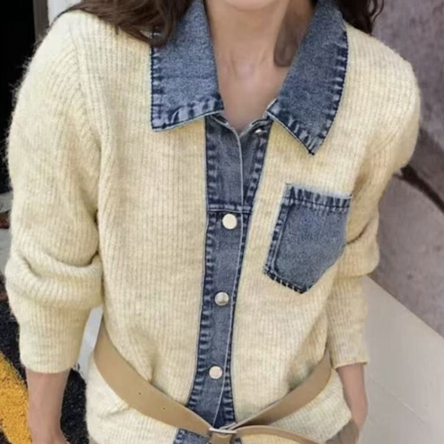 クリスマスセール　【12月上旬入荷予定】  　『　インスタサブ垢で大人気！　』  襟付きデニム切替ニットカーディガン