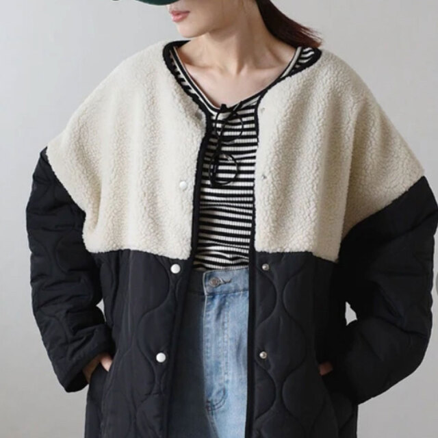 クリスマスセール【12月上旬入荷予定】 　『　インスタで大人気！　』　ボア×キルティング中綿ノーカラーブルゾン