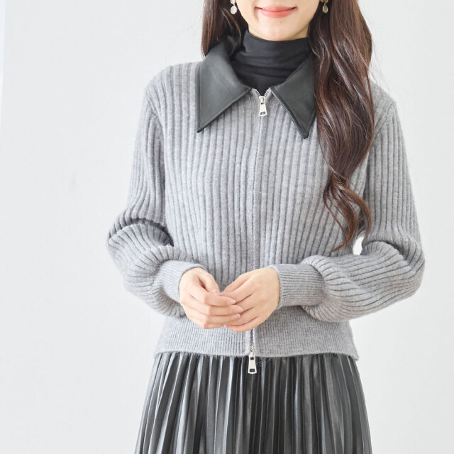 クリスマスセール【12月上旬入荷予定】 　『　インスタで大人気！　』　フェイクレザーの襟がポイントカーディガン