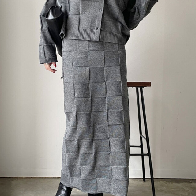 ウィンターセール！　【1月中旬入荷予定】『　インスタで大人気！　』　P100ブロック柄ニットスカート　「セットアップ可」