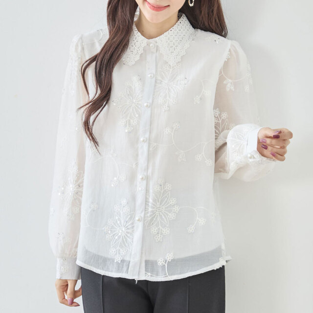 【1月中旬入荷予定】   ウィンターセール　『　インスタサブ垢で大人気！　』   レースカラー刺繍ブラウス