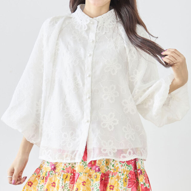 ラスト1着【即納】 ウィンターセール　『　インスタサブ垢で大人気！　』  フラワー刺繍シアーレースブラウス