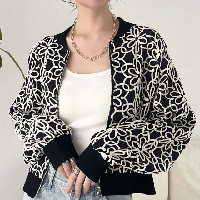 フラワーコード刺繍レースシアーブルゾン