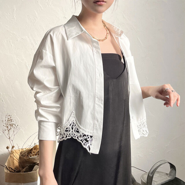 【メール便対応】　『　インスタで大人気！　』　　ポケット付きケミカルレース切替ショート丈シャツ