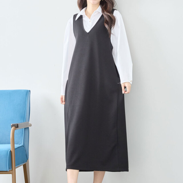 【7月上旬入荷予定】   サマーセール　『　インスタサブ垢で大人気！　』   異素材切り替えVネックロングジャンパースカート