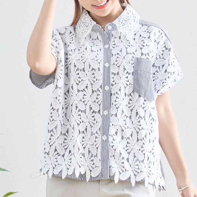 【6月上旬入荷予定】 【メール便対応】   サマーセール！　『　インスタで大人気！　』    レースフラワー×ストライプシャツ