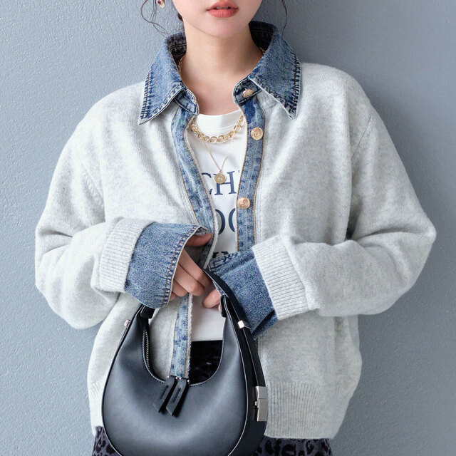 デニム切替ニットカーディガン