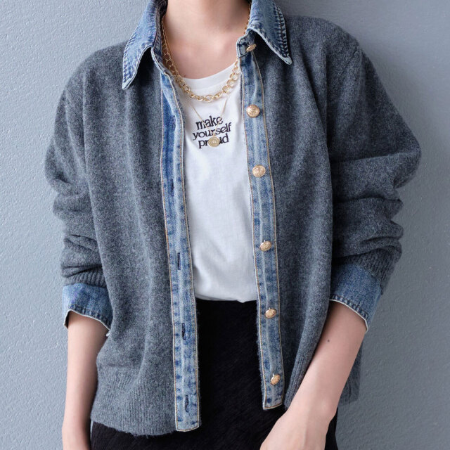 デニム切替ニットカーディガン