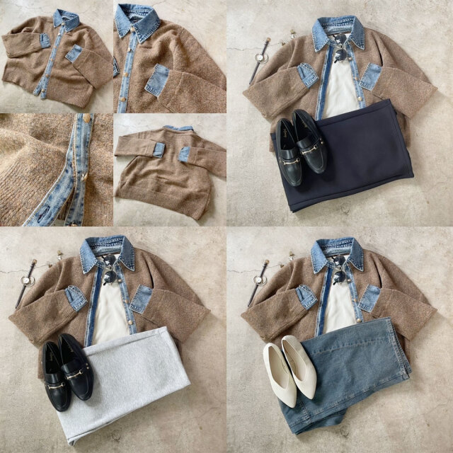 デニム切替ニットカーディガン