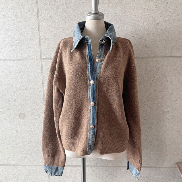 【重要/予約11月下旬入荷予定】 【チャコールグレー11下旬入荷】【キャメル11月下旬】　【オートミール11月下旬】　 【急上昇】　オータムセール 『　インスタで大人気！　』　デニム切替ニットカーディガン　　配達指定不可