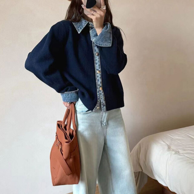 人気ブランド＊【スミ・スタイル】コンビコート/デニム/ニット/切り替え 秋も着たい！】デニム切り替えステンカラーコート（ステンカラー