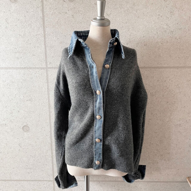 【即納】  【グレー、チャコール10月末再入荷】【早くほしい方】　【急上昇】　　オータムセール　『　インスタサブ垢で大人気！　』  newデニム切替ニットカーディガン