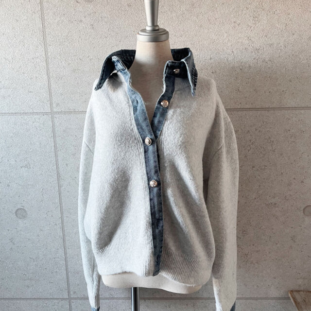 newデニム切替ニットカーディガン