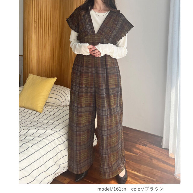 チェック柄シャーリングVネックサロペット
