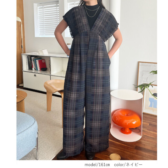 チェック柄シャーリングVネックサロペット