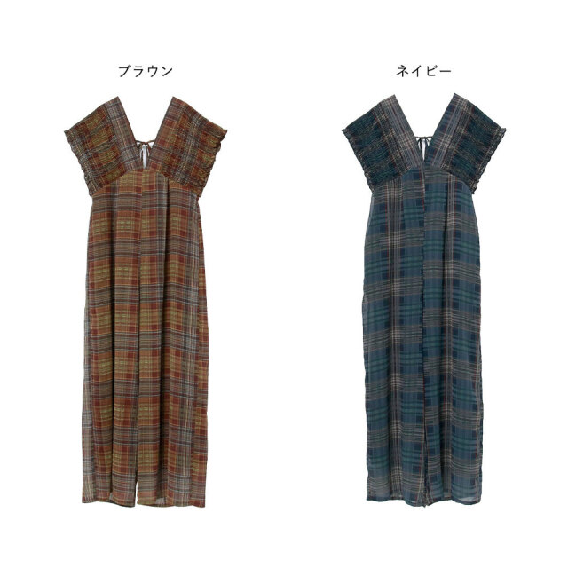 チェック柄シャーリングVネックサロペット