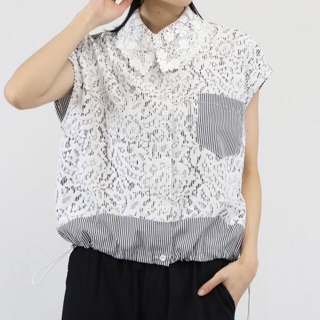 ラスト1着  春の早割り　『　インスタサブ垢で大人気！　』   レースストライプ柄ドローコード付き切り替え前開きブラウス