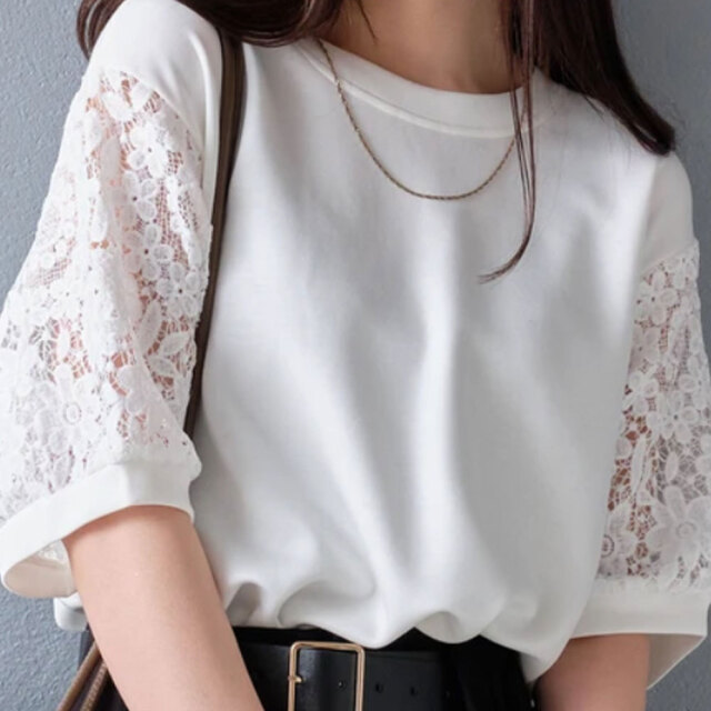 【3月上旬入荷予定】春の早割り　【メール便対応】【2026新作】レーススリーブ切替トップス