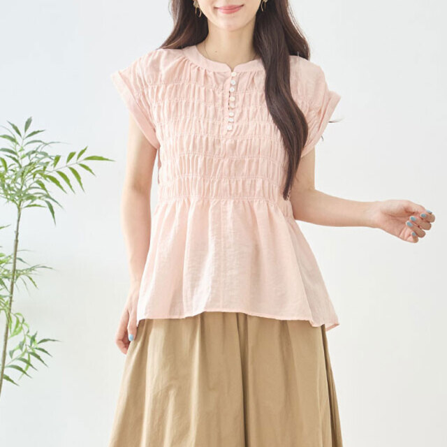 【6月下旬入荷予定】 夏の早割り【メール便対応】　【新作】スモッキングペプラムフレンチスリーブトップス