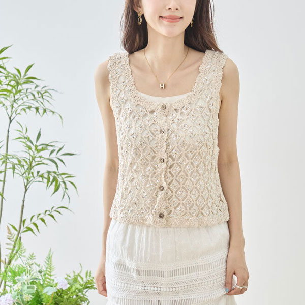 【7月上旬入荷予定】 夏の早割り【メール便対応】　【7/2インスタサブ垢投稿】クロシェ編みスパンコール使いノースリーブニットベスト