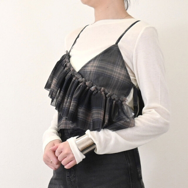 【2月上旬入荷予定】   ウィンターセール　『　インスタサブ垢で大人気！　』  チュールチェックプリントアシンメトリーフリルビスチェ