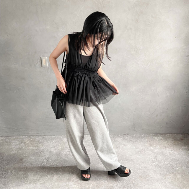 韓国風トップス メッシュタンクトップ