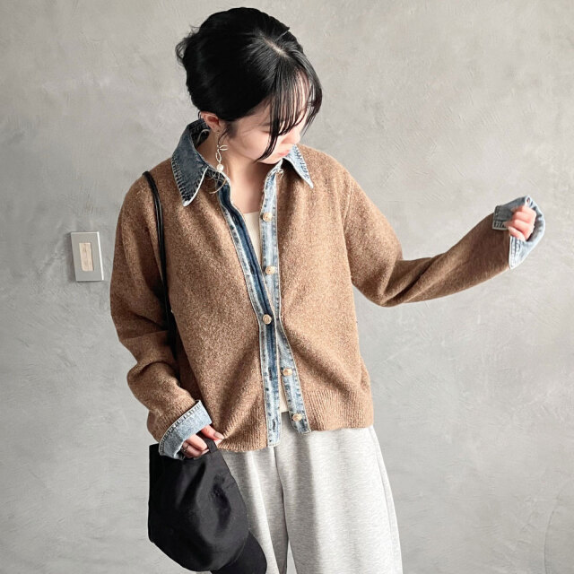 春の早割り 【タイムセール】 【2月中旬入荷予定】 『 インスタサブ垢で大人気!デニム切替カーディガン 』 newデニム切替ニットカーディガン