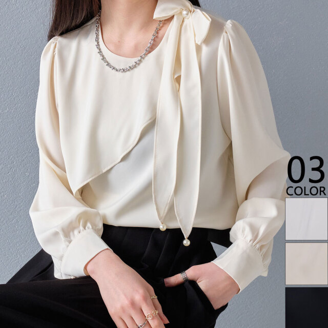 【3月上旬入荷予定】春の早割り【メール便対応】【2026新作】サテンショルダーパールリボンブラウス