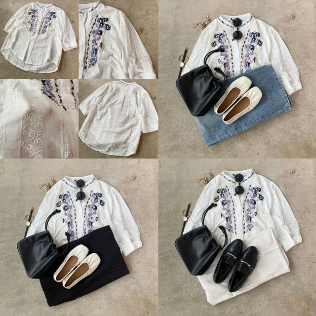コットン胸元刺繍レースブラウス