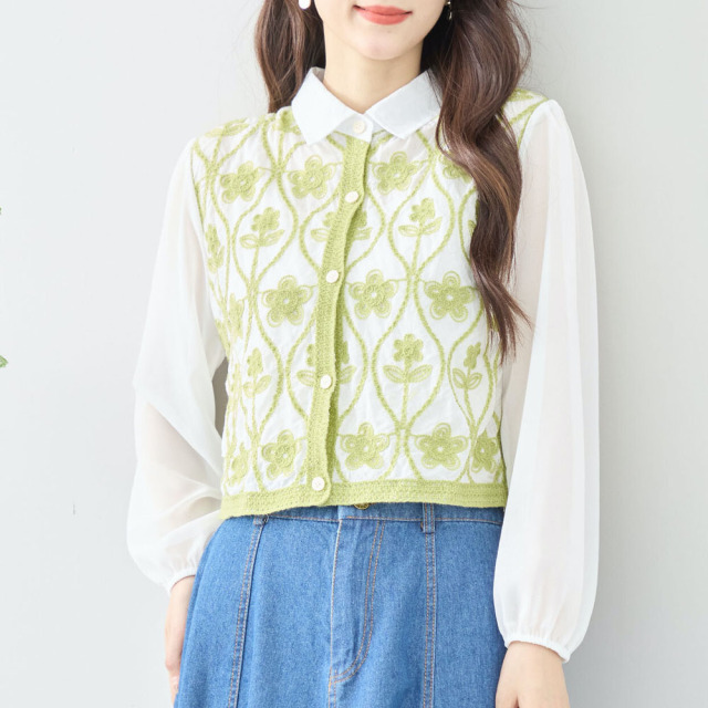 『　インスタサブ垢で大人気！　』   配色フラワー柄刺繍デザインシャツ