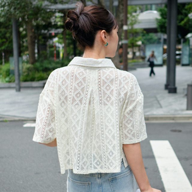 ノゾミイシグロ　レース半袖Tシャツ レースショート丈半袖シャツ
