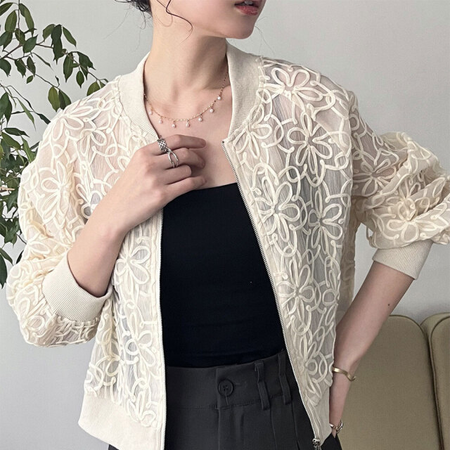 フラワーコード刺繍レースシアーブルゾン