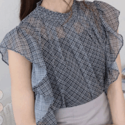 【7月上旬入荷予定】 【メール便対応】 サマーセール　『　インスタで大人気！　』　シフォン バイアスチェック フリル袖 ブラウス